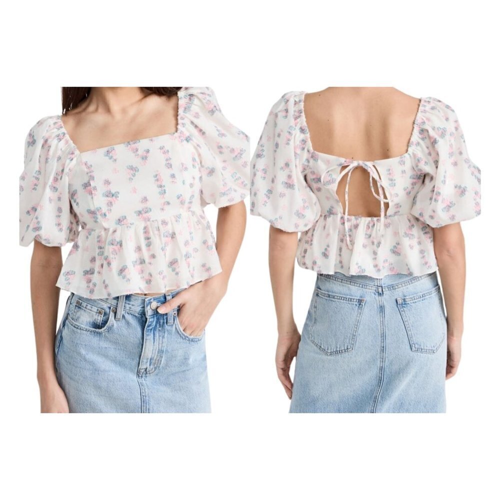ENDLESS ROSE Embroidered Floral Square Neck Puff Sleeve Crop Top Cottage Size S
